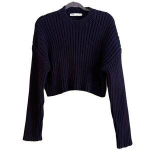 ZARA Navy Ribbed Cropped Sweater Preppy Minimalist Classic Ribbed Knit Blue